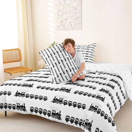 Feelyou Train Comforter Set King Size Retro Steam Locomotive Down Bedding Set for Kids Boys Girls Vintage Transportation Vehicles Duvet Quilt Bedroom Decor Microfiber 3 Pcs with 2 Pillow Cases
