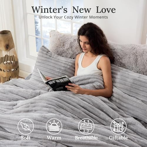 Sasttie Fluffy Cali King Comforter Set, 3 PC Fleece Bedding, Light Grey