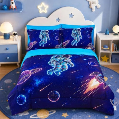 Viviland Kids Bedding Set Full Size Comforter Sets, Bed in Astronaut Cover Set for Children