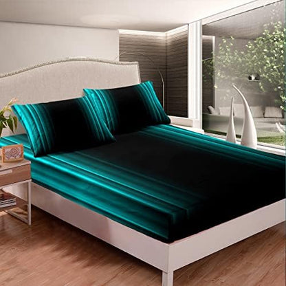 Feelyou Geometric Abstract Ombre Bed Sheets Kids Teens Teal and Black Striped Sheet Set Decor Modern Fashion Bed Set Bedroom Collection 4Pcs Full Size