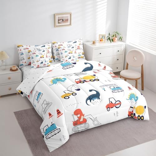 Erosebridal Construction Vehicles Queen Comforter Set 7 Piece for Kids Boys Girls Dinosaur Tractor Bed in A Bag with Sheets Equipment Trucks Bedding Set Excavator Bed Set Colorful Room Decor