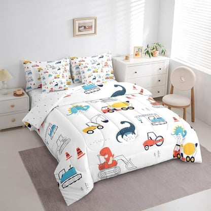 Erosebridal Construction Vehicles Queen Comforter Set 7 Piece for Kids Boys Girls Dinosaur Tractor Bed in A Bag with Sheets Equipment Trucks Bedding Set Excavator Bed Set Colorful Room Decor