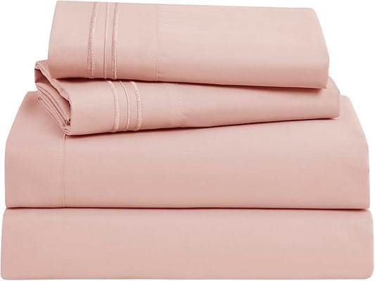 Clara Clark Bed Sheets, Premier 1800 Series Bed Sheet Set, Deep Pocket, Wrinkle, Fade, Stain Resistant, Luxury Soft Bedding Sheets & Pillowcases, Split King, Pink Beige