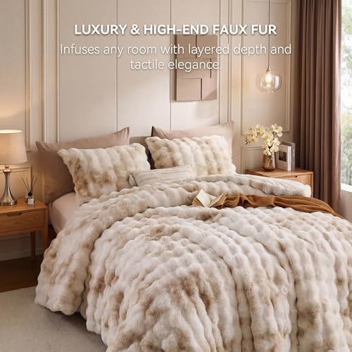 Smoofy Fluffy Faux Rabbit Fur Bubble Comforter Full Size - Tie Dye Beige