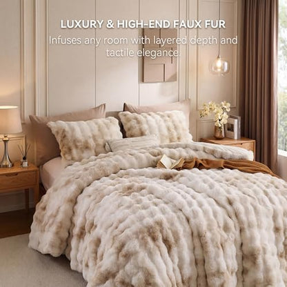 Smoofy Fluffy Faux Rabbit Fur Bubble Comforter Queen Size - Tie Dye Beige