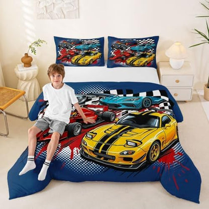 Feelyou Boys Race Car Bedding Set Soft for Boys Girls, Speed Sports Car Comforter Set Queen Size Extreme Sports Duvet Quilt Microfiber Automobile Bedroom Decor 3 Pcs with 2 Pillow Cases