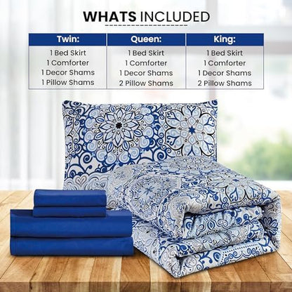 LUX Décor Reversible 5pc Queen Comforter Set, Printed Bedding Set, All-in-One Bed in a Bag, Includes 1 Comforter, 2 Pillow Shams, 1 Decorative Pillow & 1 Bed Skirt (Aztec Blue,Queen)