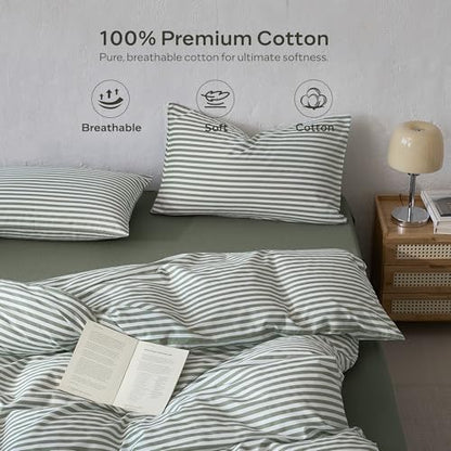 JELLYMONI 100% Cotton Printed Striped Queen Duvet Cover Set, Green