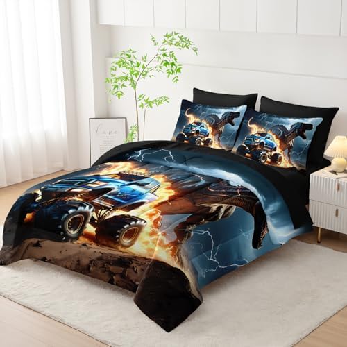 AILONEN Boys Dinosaur Comforter Set Queen,7Pcs Cartoon Monster Truck Bed in a Bag for Kids,Soft Breathable,3D Printed Comforter & Fitted Sheet with Flat Sheet & 2 Pillowcases,2 Pillow Shams,Black