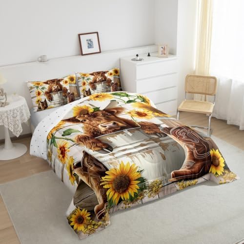 jejeloiu Funny Highland Cow Comforter Set Queen Size Kids Highland Cattle Sunflower Bedding Set Boys Girls Farmhouse Rustic Duvet Breathable Western Quilt Bedroom Decor,1 Comforter with 2 Pillowcase