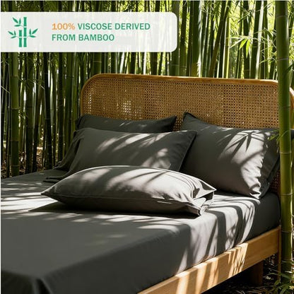 100% Viscose Derived from Bamboo Sheet Set, Natural Breathable Moisture-Wicking for Hot Sleepers, 24" Deep Pocket, 4 Piece
