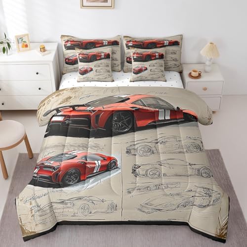 Feelyou Red Race Car Comforter Set with Sheets Full Size Kids Speed Sports Car Manuscript 7 Pieces Bedding Set for Boys Girls Teens Racing Car Line Bed in a Bag Breathable Extreme Sports Bed Set