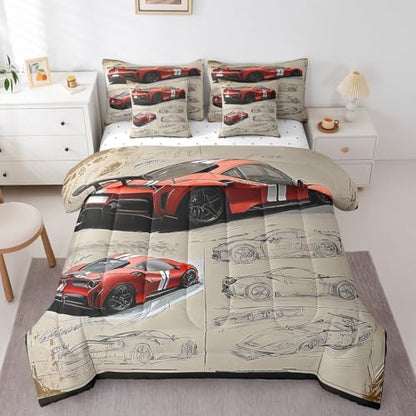 Feelyou Red Race Car Comforter Set with Sheets Full Size Kids Speed Sports Car Manuscript 7 Pieces Bedding Set for Boys Girls Teens Racing Car Line Bed in a Bag Breathable Extreme Sports Bed Set