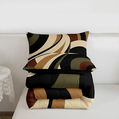 Green Brown Spiral Bedding Full Size for Adult Women Men Modern Swirls Stripes Abstract Comforter for Minimalists Boho Aesthetic Geometric Bed Sets Graffiti Art Lines Quilt Duvet Insert