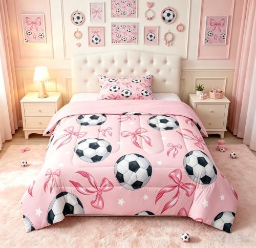 Coquette Soccer Comforter Set Toddler Size,Pink Ribbon Bowknot Bedding Sets 2Pcs for Kids Girls Boys Room Decor,Cute Stars Pattern Quilted Duvet Sports Bow Game Down Comforter,1 Pillowcase