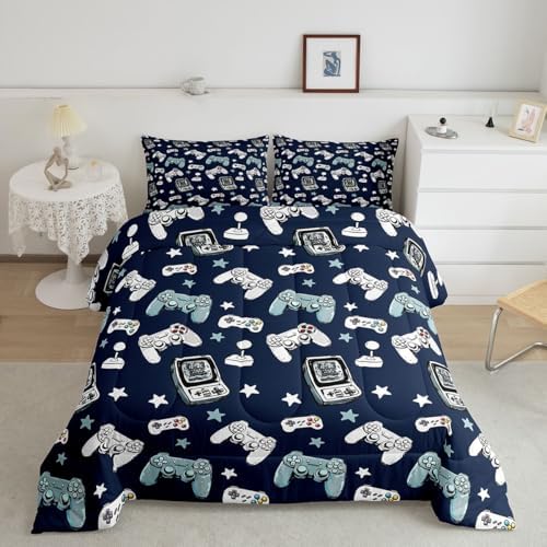 Castle Fairy Gamepad Comforter Set King Size,Video Gaming Blue Down Alternative Adults Bedroom Decor,Kids Games Consoles Ultra Soft Microfiber Inner Fill 3 Pcs Bedding