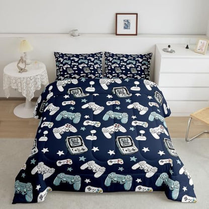 Castle Fairy Gamepad Comforter Set King Size,Video Gaming Blue Down Alternative Adults Bedroom Decor,Kids Games Consoles Ultra Soft Microfiber Inner Fill 3 Pcs Bedding