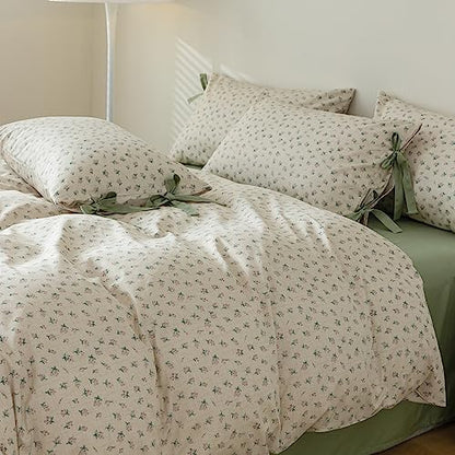 mixinni Country Style Duvet Cover Queen Size - Cottagecore Green Floral Vintage Bedding 3PC with Bow Ties Pillowcases, 100% Cotton Soft Aesthetic Boho Comforter Cover for Girls-Queen Size