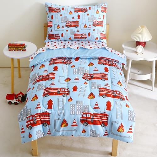 Mooreeke Toddler Bedding Sets for Boys, 4 Pieces Blue Fire Truck Blue