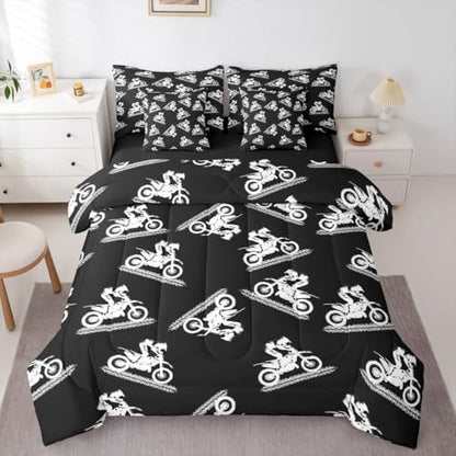 Feelyou Motocross Stunt Silhouette Comforter Set with Sheets 7 Piece Queen Sporty Stunt Design Bed in a Bag Dirt Bike Bedding Set Outdoor Sports Room Decor Motorcycle Art Breathable Soft Lightweight