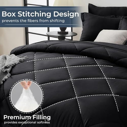 HEVUMYI 7-Piece Oversized King Comforter Set, Black Bed in a Bag