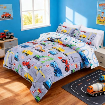 Holawakaka Boys Construction Truck Excavator Full Comforter Set with Sheets