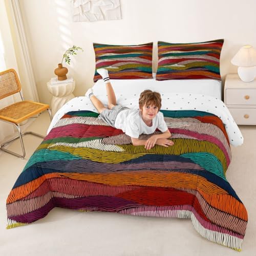 Castle Fairy Boho Wavy Bedding Set for Boys Girls,Rainbow Embroidered Waves All Season Cozy Comforter Set Full Size,Tribal Ethnic Geometric Duvet Set Bedroom Decor,Personalized Birthday Gifts