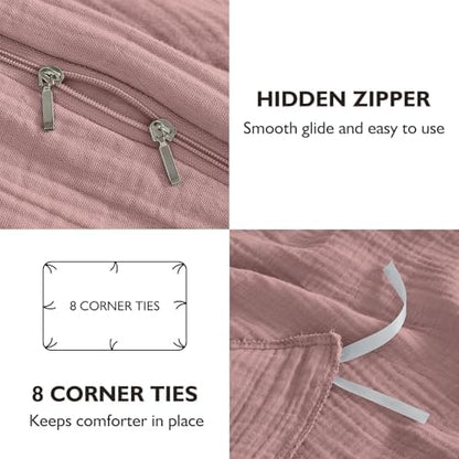 EMME Muslin Cotton Duvet Cover Set Linen Like Pink Twin