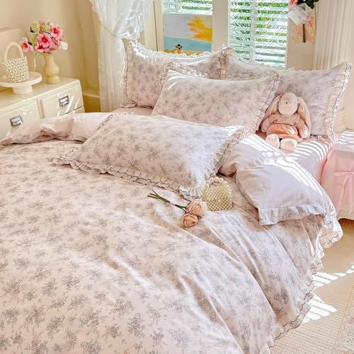 VM VOUGEMARKET Garden Rose Flower Duvet Cover Set Queen Romantic Lace Ruffled Bedding Set Soft Muslin Cotton Bedding,Breathable Linen Like Gauze Comforter Cover with Zipper Closure 90"x90"