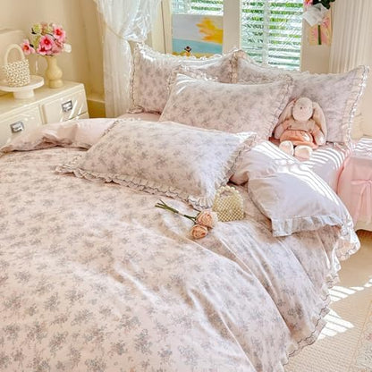VM VOUGEMARKET Garden Rose Flower Duvet Cover Set Queen Romantic Lace Ruffled Bedding Set Soft Muslin Cotton Bedding,Breathable Linen Like Gauze Comforter Cover with Zipper Closure 90"x90"