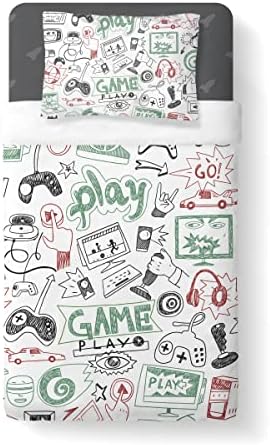 Game Comforter Sets for Boys Teen Twin Size,Kids Video Games Bedding Set Sketch Style Athletic Racing Game Design Bedroom Home Decor
