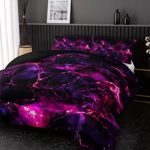Nttopship Pink Comforter Set Twin Size，Pink Marble Bedding Set 3 Pcs Bedding for Adults, Marble Room Decor with Comforter and 2 Pillowcases Soft and Lightweight B-Side Black