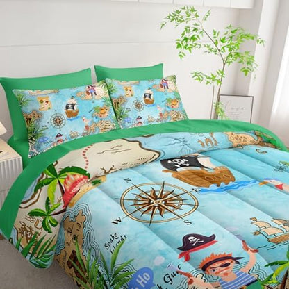 7Pcs Comforter Set Pirate Ship Printed Bedding Set with 1 Comforter, 1 Flat Sheet, 1 Fitted Sheet and 4 Pillowcases for Boys and Girls Bedroom All Season(Pirate Ship Full)