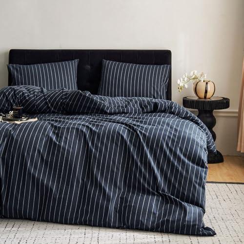 Wake In Cloud Striped Cotton Duvet Cover Set, Navy Blue, Full