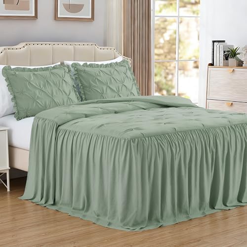 Chezmoi Collection Aria 3-Piece Pintuck Ruffle Skirt Bedspread Set - Lightweight Pinch Pleat Crinkled Texture Microfiber Bedding - French Country Chic Farmhouse - Queen, Sage Green