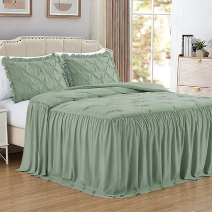 Chezmoi Collection Aria 3-Piece Pintuck Ruffle Skirt Bedspread Set - Lightweight Pinch Pleat Crinkled Texture Microfiber Bedding - French Country Chic Farmhouse - Queen, Sage Green