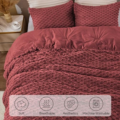 BEDELITE Fluffy Queen Comforter Set, Burgundy Fleece Bed Set 3 Pieces