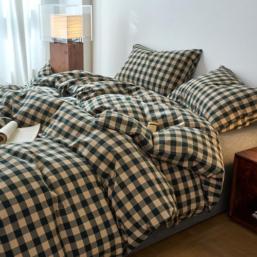 LifeTB Gingham Duvet Cover Queen Size, 3 Piece Vintage Green Beige Plaid Checkered Bedding Set, Breathable 100% Washed Cotton Grid Comforter Cover, Farmhouse Buffalo Plaid Duvet Cover with Zipper