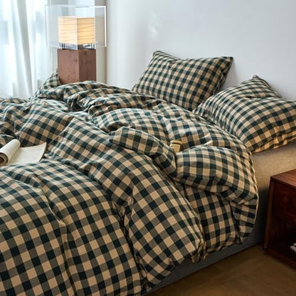LifeTB Gingham Duvet Cover Queen Size, 3 Piece Vintage Green Beige Plaid Checkered Bedding Set, Breathable 100% Washed Cotton Grid Comforter Cover, Farmhouse Buffalo Plaid Duvet Cover with Zipper