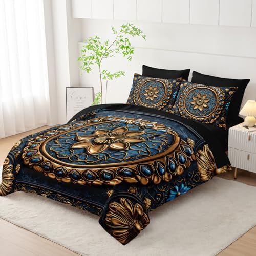7 Piece Bed in A Bag Black and Gold Mandala Comforter Set King Size，Mandala Bedding Set King，(1 Comforter, 1 Flat Sheet, 1 Fitted Sheet, 2 Pillowcase and 2 Pillow Sham)，Mandala Bedroom Decor