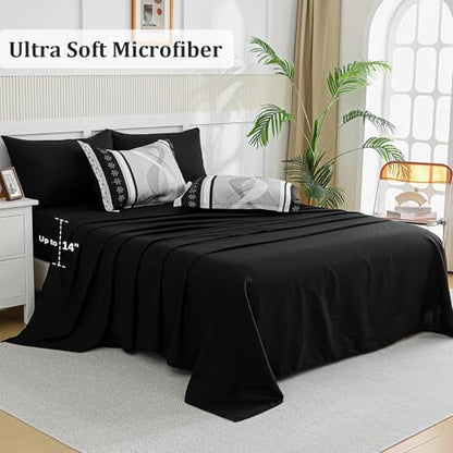 Anibedding Black Comforter Set Queen Size,8 Pieces Boho Bed in a Bag Patchwork Striped Comforter Set, Soft Microfiber Bedding Set for All Season(90"×90")