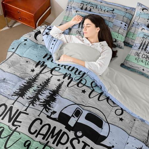 Twin Camper Comforter Set 7 Pieces, Happy Camping Bed In A Bag Rv Decorations For Inside, Vintage Rustic Farmhouse Bedding Set Sun Moon Starry Sky Comforter, Flat Sheet, Fitted Sheet, Pillowcases