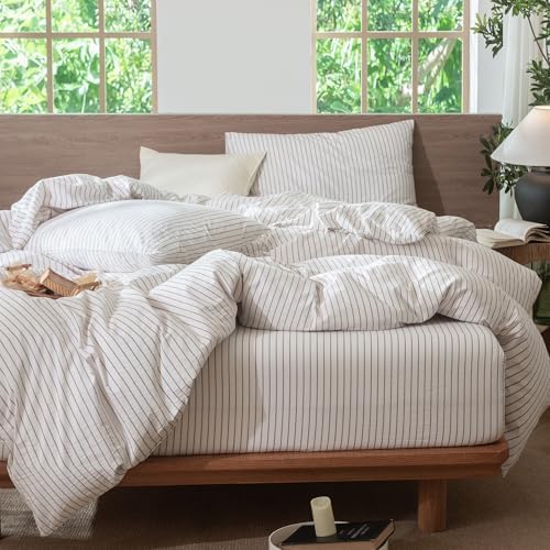 MooMee Striped Duvet Cover Set 100% Washed Cotton Linen Like Oversized King