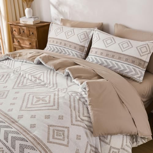Yiran Boho Comforter Set Queen Size, 7 Pieces Aztec Khaki Bed in a Bag
