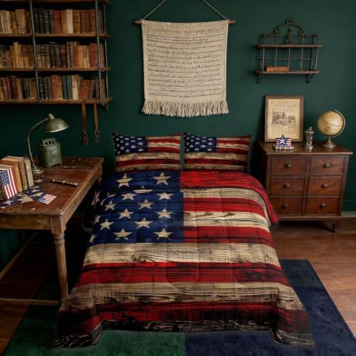 Castle Fairy American Flag Quilt Set King Size, Brown Wooden Board Country Retro Farmhouse Natural Style Comforter Set for Girls Teens Bedroom Present, Microfiber Bedding Set with 2 Pillowcases