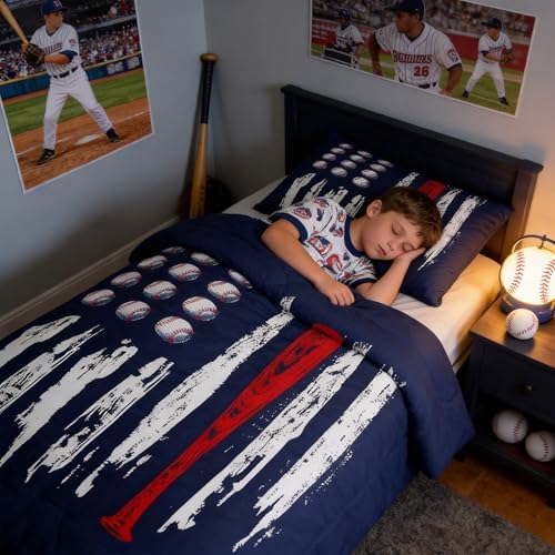 Castle Fairy Kids Baseball Gaming Coverlet Set Toddle Size Navy Blue Comforter Set for Boys Girls Teens Bedroom Decor Softball Comforter Women Men Ball Games Quilt Set with 1 Pillow Case
