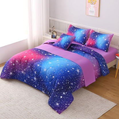 JQinHome Full Ombre Pink Purple Comforter Set, 6 Piece Bed in A Bag 3D Colorful Bedding Sets for Teen Girls (1 Comforter,2 Pillowcases,1 Flat Sheet,1 Fitted Sheet,1 Cushion Cover)(Star Purple)