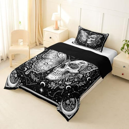 Butterfly Skull Kids Comforter Set Twin,White Mushroom Plant Skeleton Bedding Set for Teens Adults Bedroom Decor,Floral Starry Moon Duvet Insert,Gothic Aesthetic Quilted Duvet Set with 1 Pillowcase