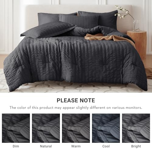 MUXHOMO 7 Pieces Oversized Queen Comforter Set, Seersucker Bed in a Bag Oversized Queen Size, All Season Luxury Bedding Set with Comforter, Flat Sheet, Fitted Sheet, Pillowcases & Shams, Dark Grey
