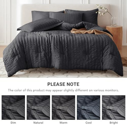 MUXHOMO 7 Pieces Oversized King Comforter Set, Seersucker Bed in a Bag Oversized King Size, All Season Luxury Bedding Set with Comforter, Flat Sheet, Fitted Sheet, Pillowcases & Shams, Dark Grey